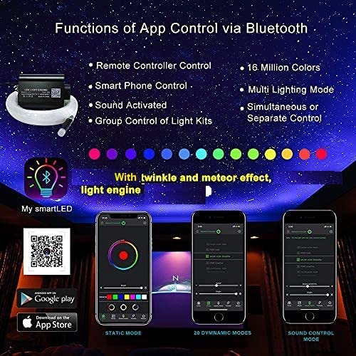 Shooting Star Ceiling Light Kit, 16W RGBW APP + Remote Control Fibre Optic Light, with 450+100 pcs (550 pieces) 0.75 mm 3M Fibers + 28-Key RF Remote Control, for Decoration in Ceiling-Optic Fiber Light Kit-Lighting Hub-Lighting Hub