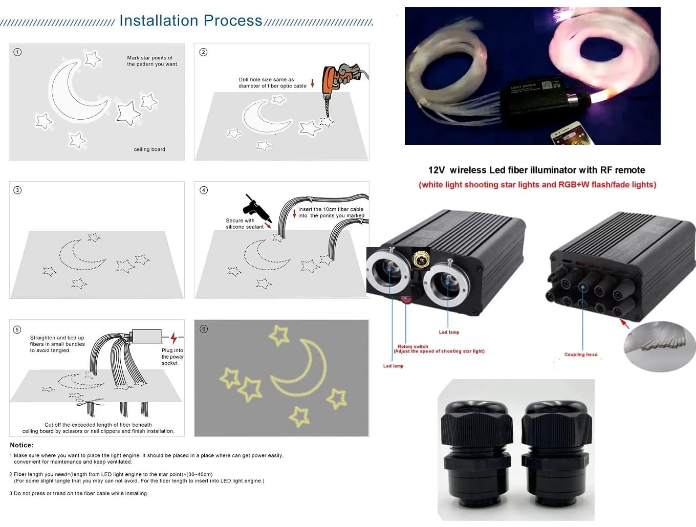 Bluetooth 16W RGBW Starlight APP/Remote Music Mode LED Fiber Optic Light Star Ceiling Light Kit for Car Home Ceiling Decoration, PMMA Plastic 8858ft(2700m)/roll Diameter 0.2d B/m(0.75mm)-Optic Fiber Light Kit-Lighting Hub-Lighting Hub
