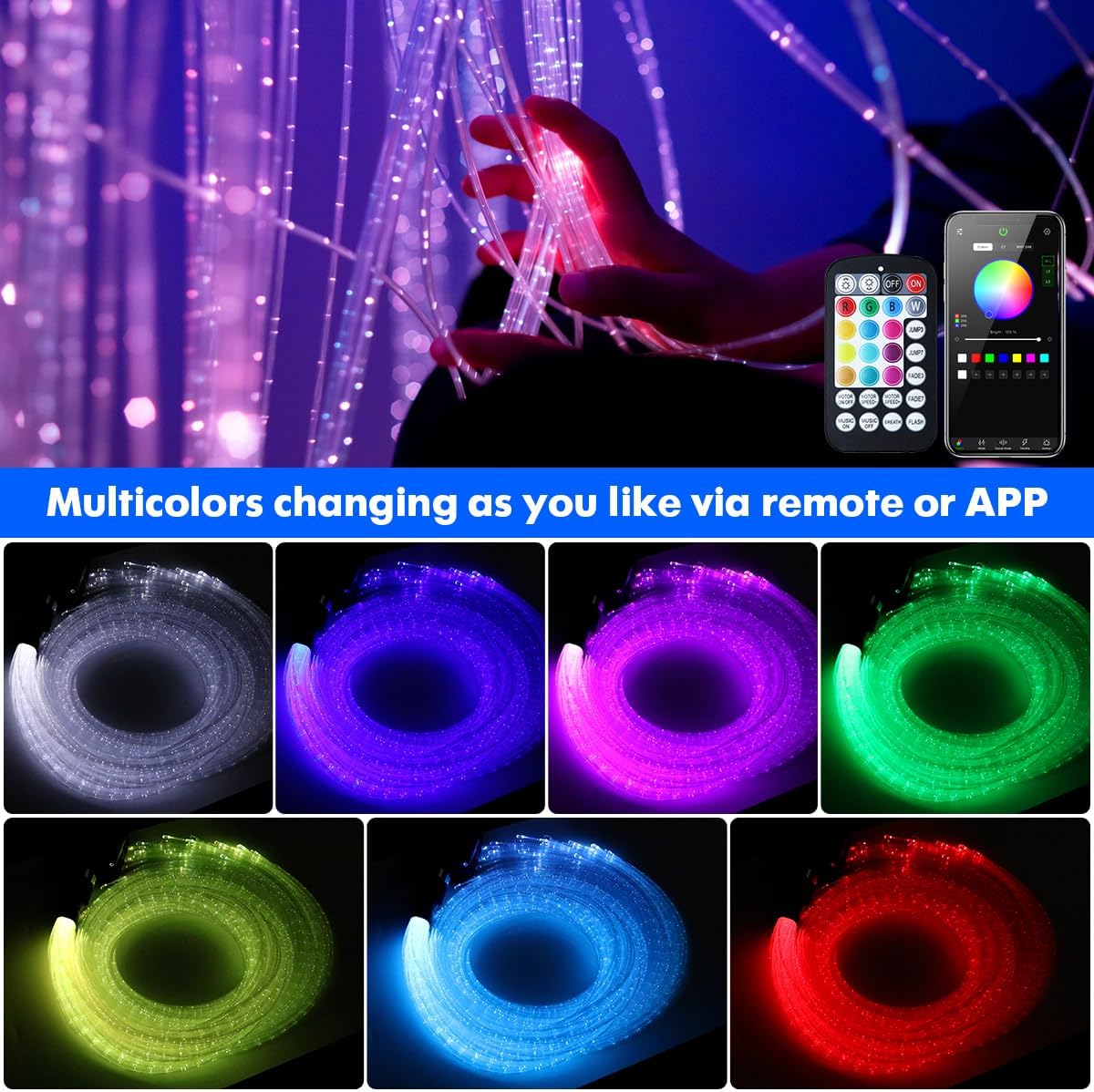 150pcs 9.8ft Side Glow Fiber Optic Sensory Light for Autism Room,18w Twinkle&Sound Activated Light Box,Fiber Optic Curtain 3x0.75mm Flash Point Light Up Cable-Optic Fiber Light Kit-Lighting Hub-Lighting Hub