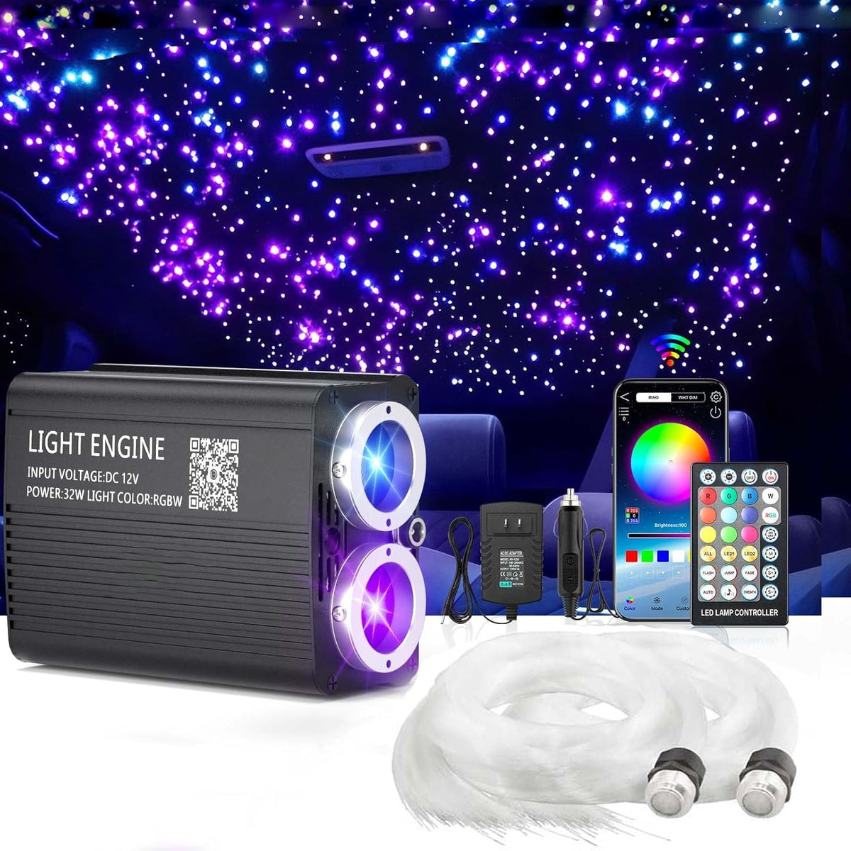 32WApp+ Remote Twinkle Fiber Optic Light Kit 9.8ft/3m 0.5MM-500Pcs, 0.75MM-600Pcs, 1MM-60Pcs, 1.5MM-40Pcs for Car Starlight and Home(1200Pcs/3Meter)