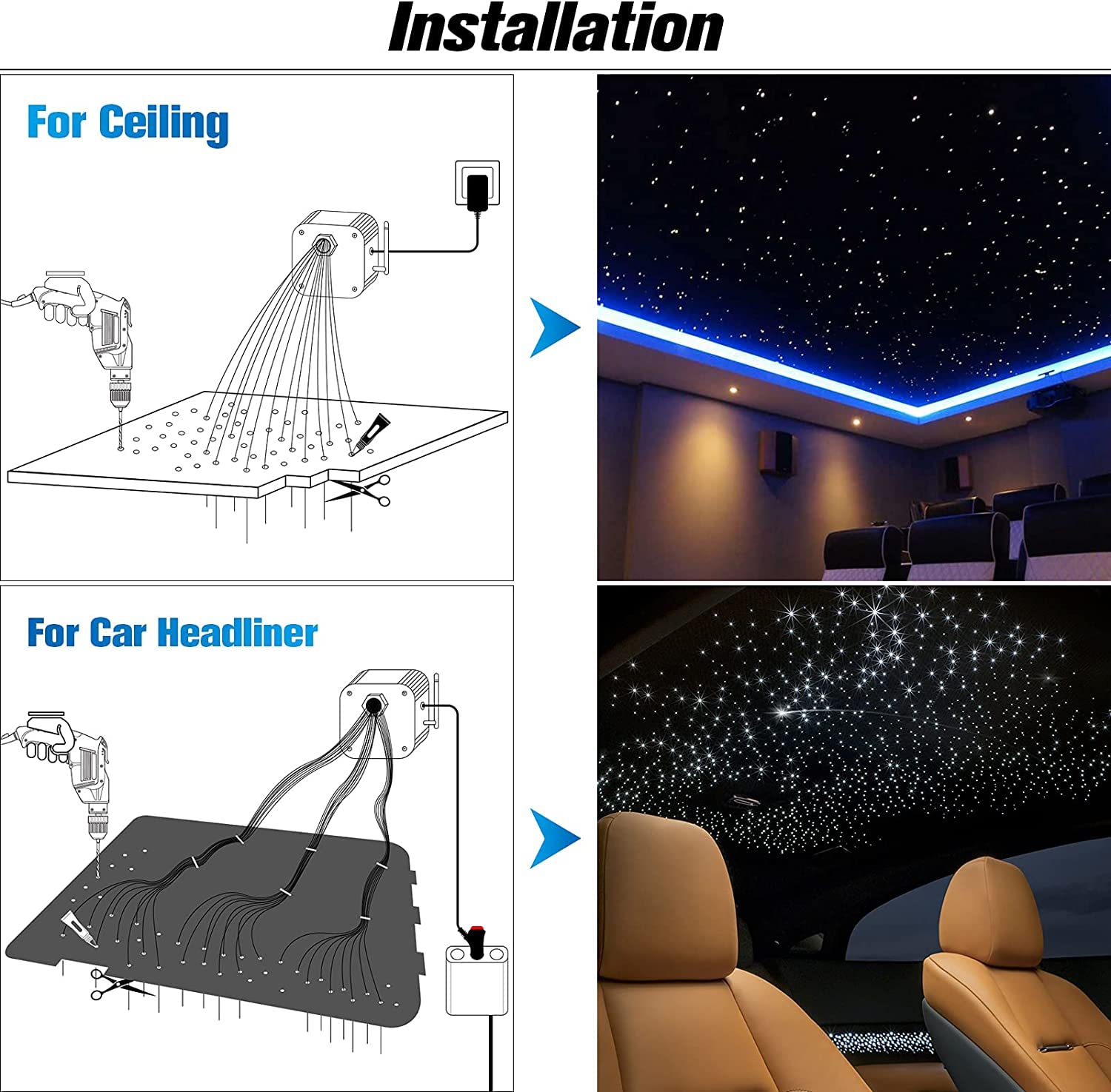 16W 380pcs 9.8ft Car Use Bluetooth RGBW LED Fiber Optic Star Ceiling Headliner Light Kit APP+Remote Music Mode Optical Fiber+Adapter for Car/Ceiling-Optic Fiber Light Kit-Lighting Hub-Lighting Hub